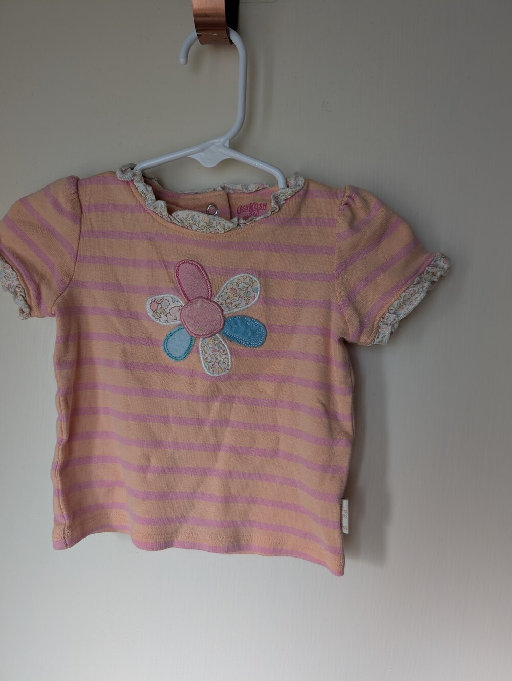 Girls' Pink & Peach Stripe Vintage Style- Flower Tee 3-6months with Patchwork